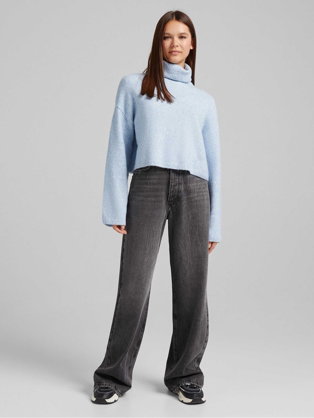 Bershka Roll Neck Cropped Jumper in Blue